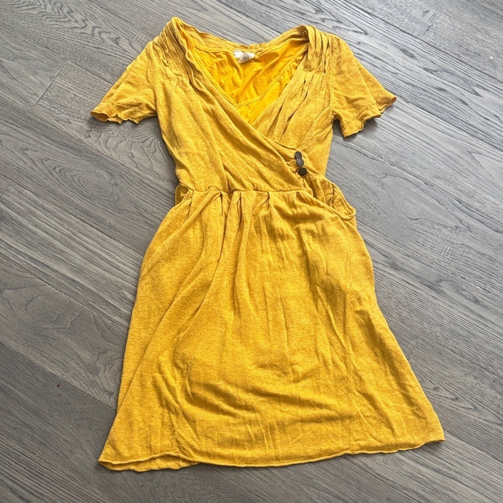 Moth | Anthropologie Mustard Yellow Sweater Knit Faux Wrap Dress Extra Small